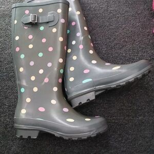 Time and Tru Gray Rain Boots with Pastel Polka Dots